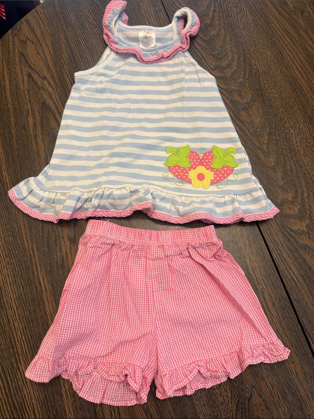 Stitchy Fish 5 Striped Strawberry Applique Tank & Pink Gingham Ruffle Shorts Set
